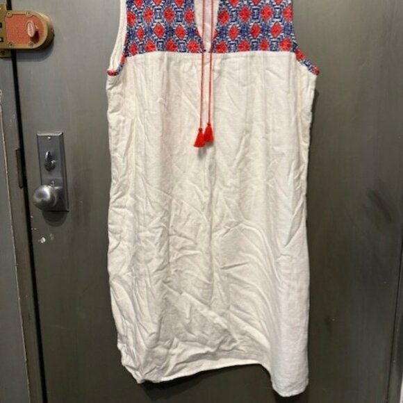 Boho Red, White & Blue Embroidery Sleeveless Linen Peasant Shift Mini dress - Picture 4 of 16